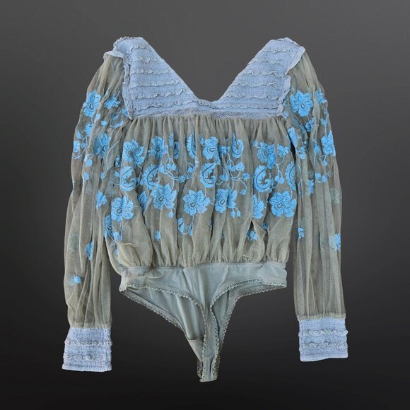 Free People Blue and Gray Embroidered Bodysuit - Picture 9 of 10